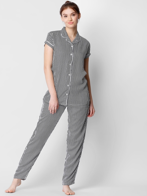 I like me Women Black & White Striped Night suit