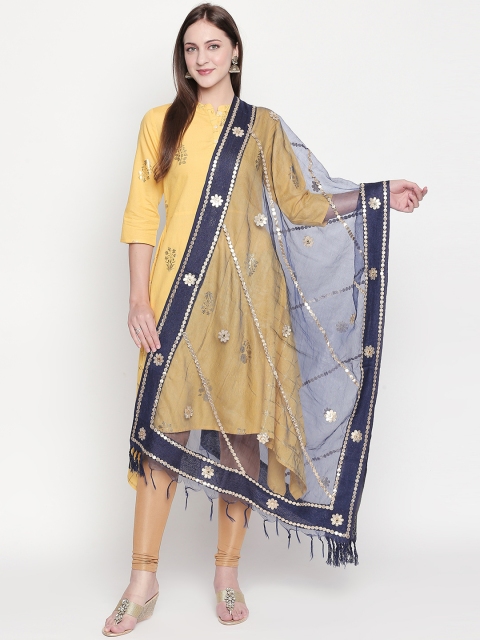 Dupatta Bazaar Navy Blue & Gold-Toned Embroidered Dupatta with Gotta Patti Work