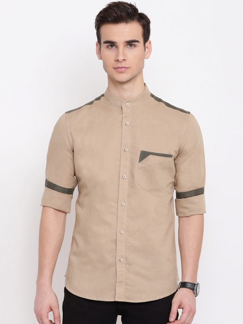 AC&F Men Beige Regular Fit Solid Casual Shirt