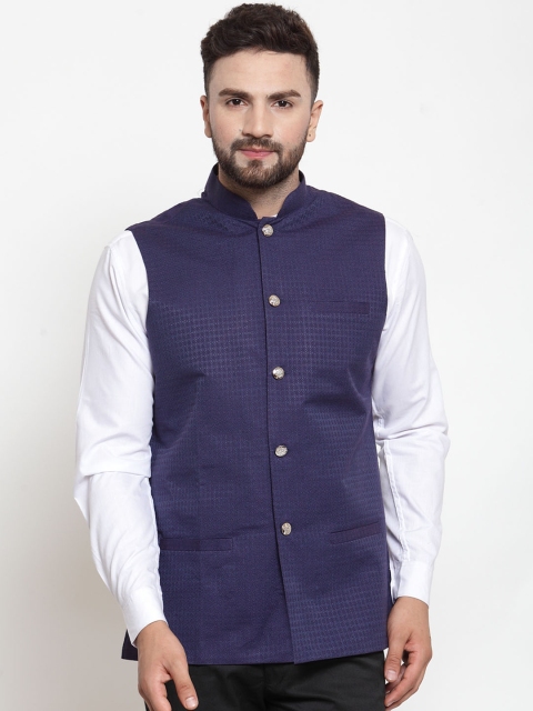 Jompers Men Navy Blue Woven Design Nehru Jacket