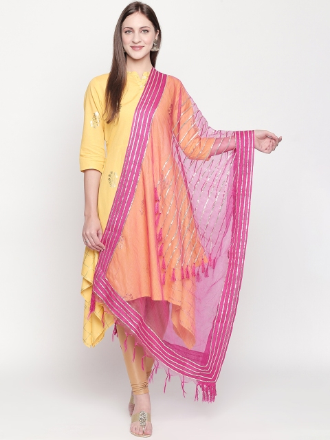 Dupatta Bazaar Pink & Silver-Toned Striped Dupatta with Gotta Lace