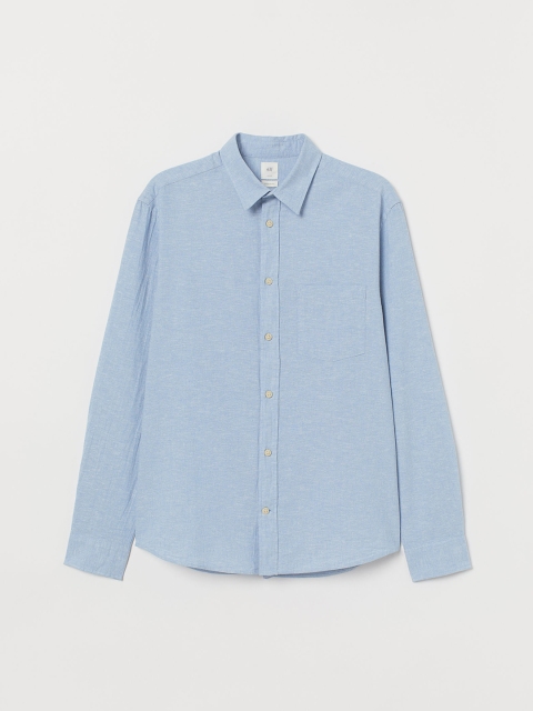 H&M Men Blue Solid Linen-Blend Shirt Regular Fit