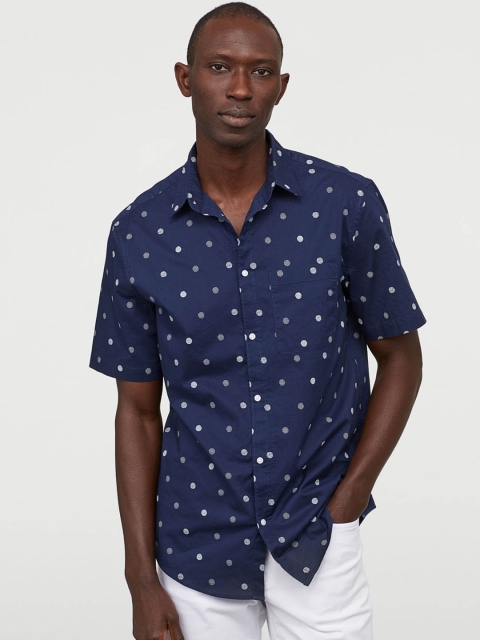 H&M Men Blue & White Printed Cotton Shirt Regular Fit
