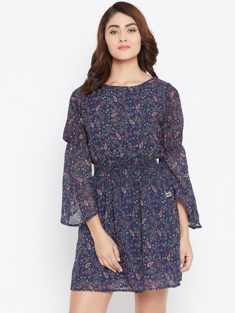 AASK Women Navy Blue Printed Fit and Flare Dress