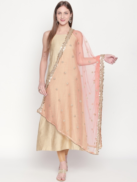 Dupatta Bazaar Women Peach-Coloured & Gold-Coloured Zardozi Embroidered Dupatta