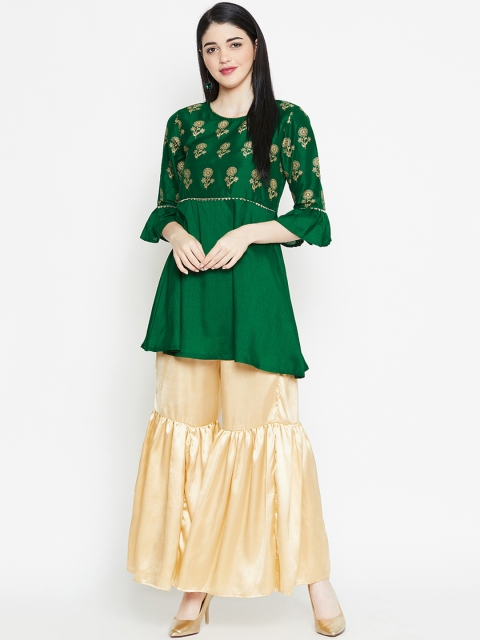 studio rasa Women Green Block Print A-Line Kurta