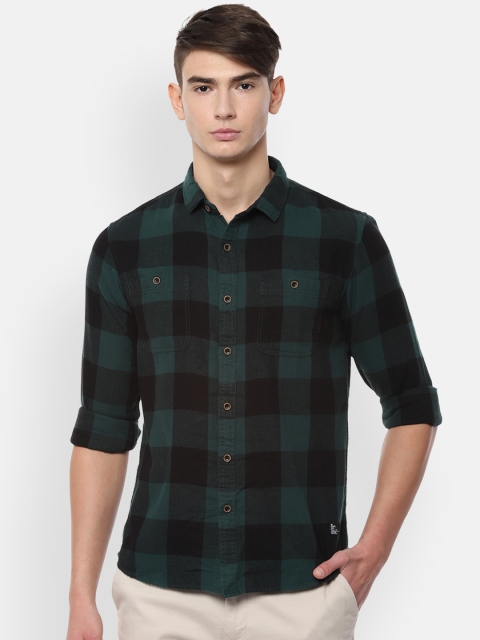 People Men Green & Black Regular Fit Checked Casual Shirt