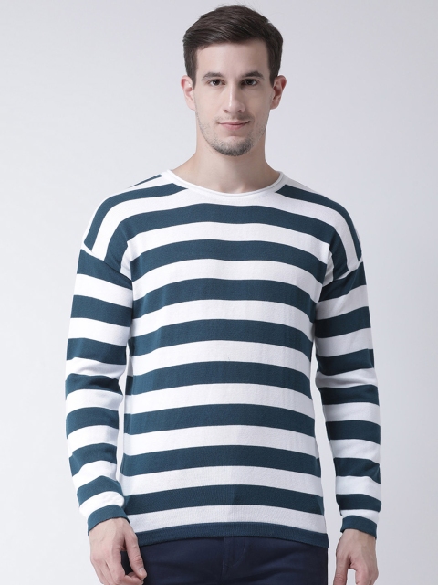 Club York Men Teal Green & White Striped Pullover Sweater