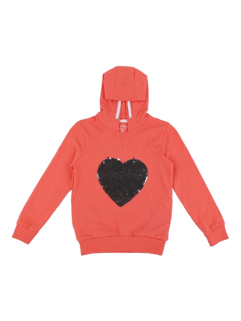 Pantaloons Junior Girls Peach-Coloured & Black Sequinned Hooded Sweatshirt