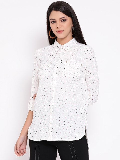 Oxolloxo Women Cream-Coloured Regular Fit Printed Longline Casual Shirt