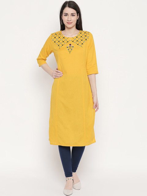 RANGMANCH BY PANTALOONS Women Mustard Yellow Embroidered Straight Kurta 
RANGMANCH BY PANTALOONS Women Mustard Yellow Embroidered Straight Kurta
