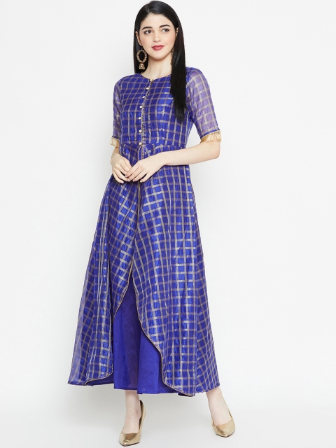 studio rasa Women Checked Blue Layered Maxi Dress