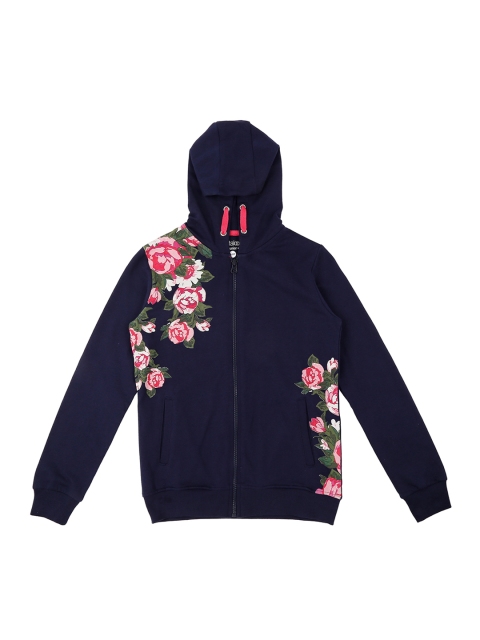 Pantaloons Junior Girls Navy Blue & Pink Printed Hooded Sweatshirt
