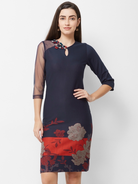 Soie Women Printed Navy Blue Jacquard Embellished Sheath Dress