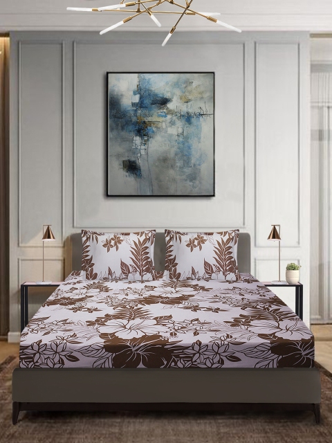 Aura Brown & White Floral 140 TC Polyester 1 Queen Bedsheet with 2 Pillow Covers