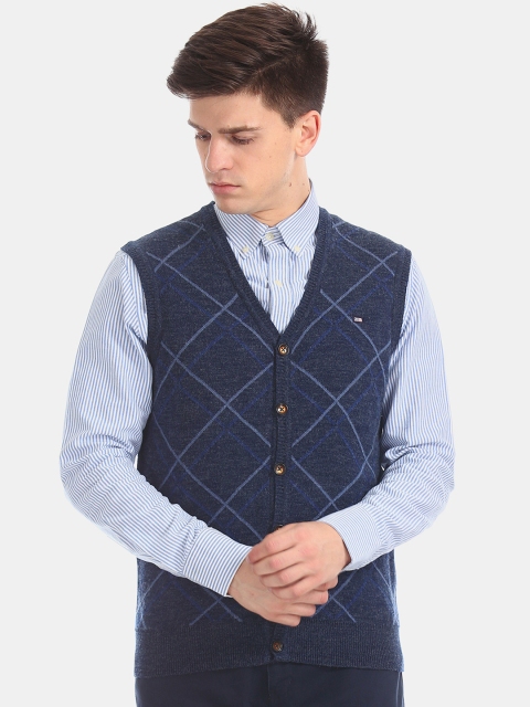 Arrow Men Blue Checked Sweater