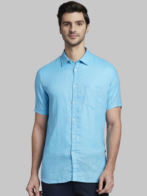 Parx Men Blue Slim Fit Solid Linen Casual Shirt