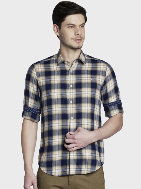 ColorPlus Men Tan Brown & Navy Blue Slim Fit Checked Casual Shirt