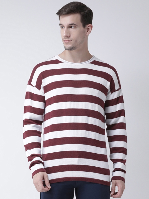 Club York Men White & Maroon Striped Pullover Sweater