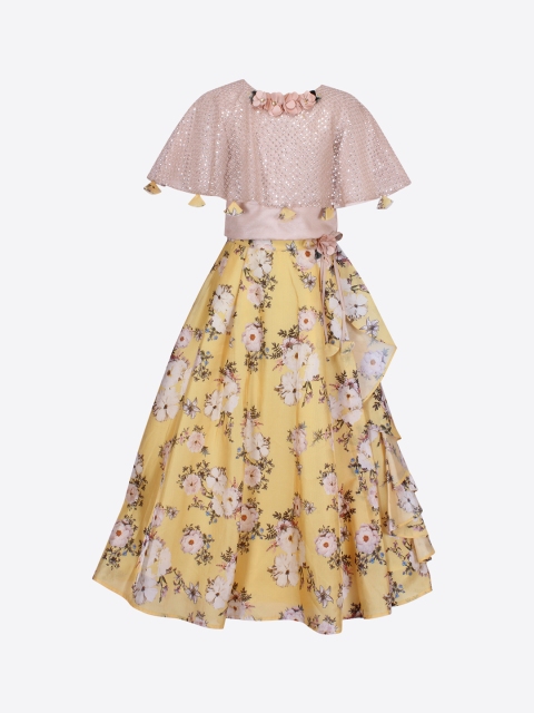 CUTECUMBER Girls Gold-Toned & Yellow Embellished Top with Skirt