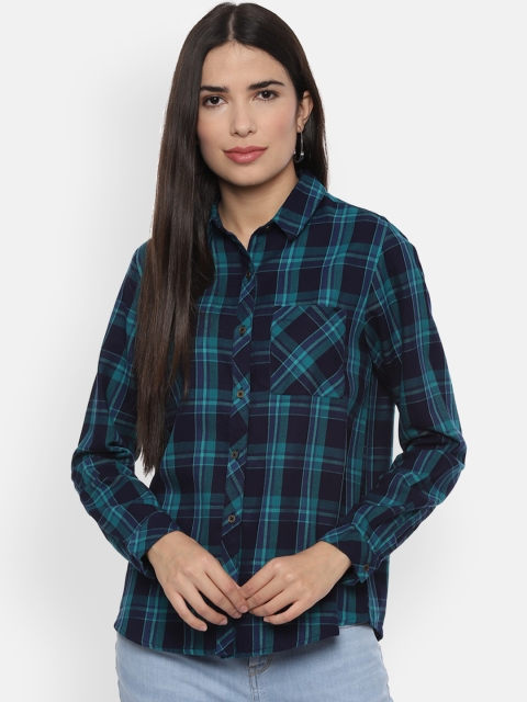 People Women Navy Blue Regular Fit Checked Casual Shirt