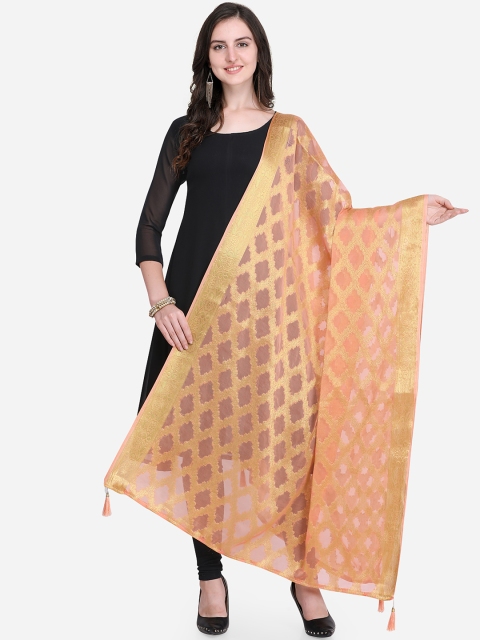 Satrani Peach-Coloured Woven Design Banarasi Jacquard Dupatta