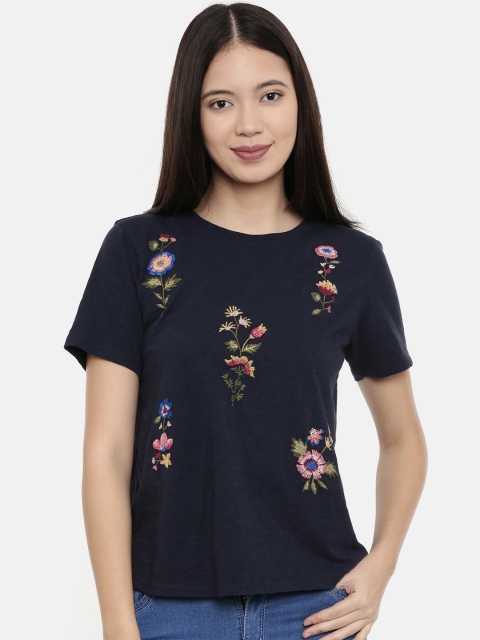 Chumbak Women Navy Blue Embroidered Round Neck T-shirt