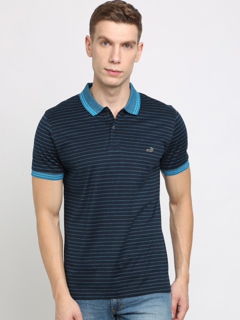 Crocodile Men Navy Blue Striped Slim FitPolo Collar T-shirt