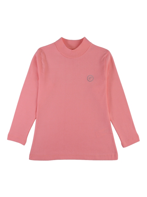 FEMEA Girls Peach-Coloured Solid Round Neck T-shirt