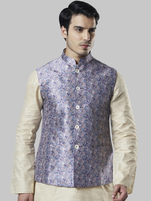 Ethnix by Raymond Men Blue & Purple Printed Nehru Jacket