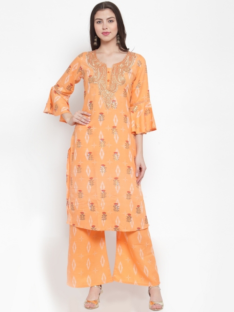 Aujjessa Women Orange & Beige Printed Kurta with Palazzos
