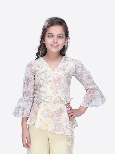 CUTECUMBER Girls Yellow & Grey Printed Wrap Top