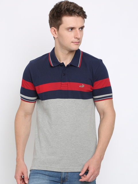 Crocodile Men Navy Blue & Grey Slim Fit Colourblocked Polo Collar T-shirt