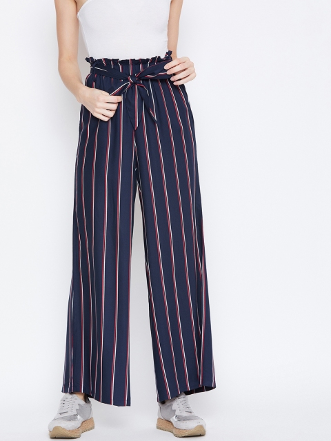 Berrylush Women Navy Blue & Red Regular Fit Striped Parallel Trousers