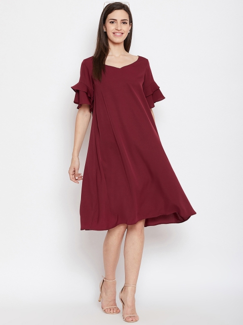FABNEST Women Solid Maroon A-Line Dress