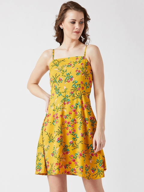 U&F Women Yellow & Green Floral Print Fit and Flare Dress