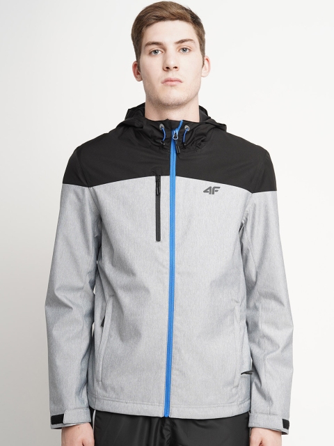 4F Men Grey Melange & Black Colourblocked Hooded Sporty Jacket