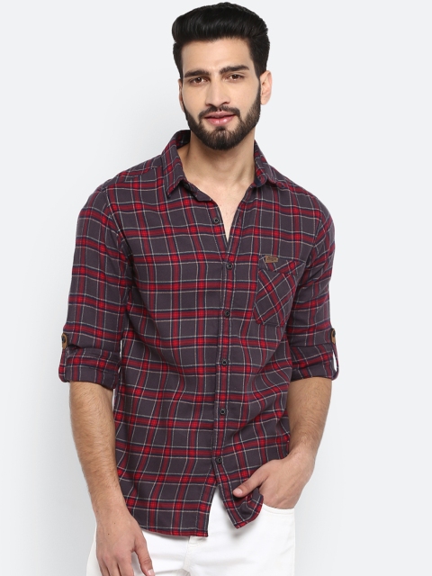 Mufti Men Brown & Red Slim Fit Checked Casual Shirt