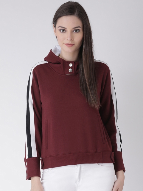 Texco Women Maroon Solid Hooded Sweatshirt
