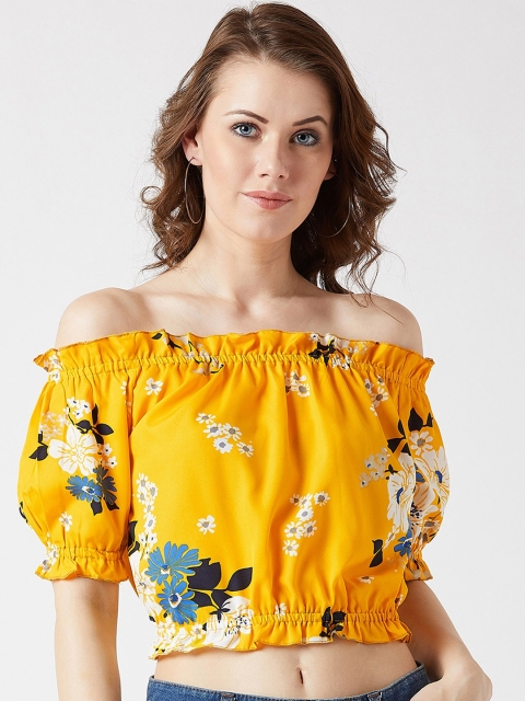U&F Women Yellow Floral Printed Crop Bardot Top