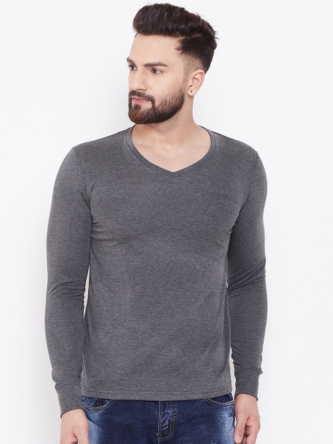 Adobe Men Charcoal Grey Solid V-Neck T-shirt
