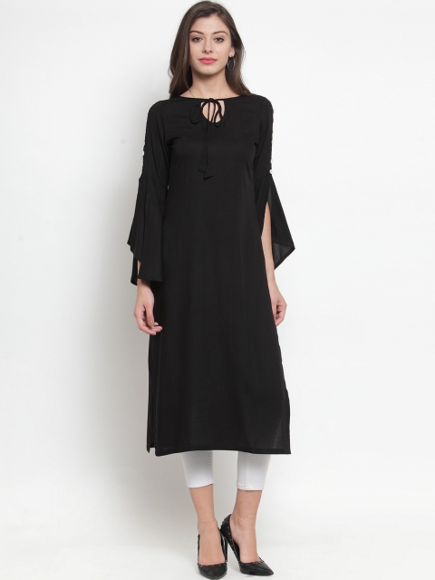 WISSTLER Women Black Solid Straight Calf Length Kurta