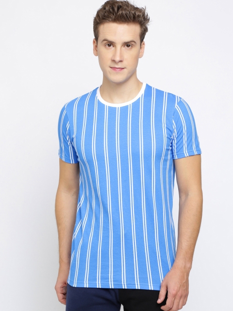 Breakbounce Men Blue & White Striped Round Neck T-shirt