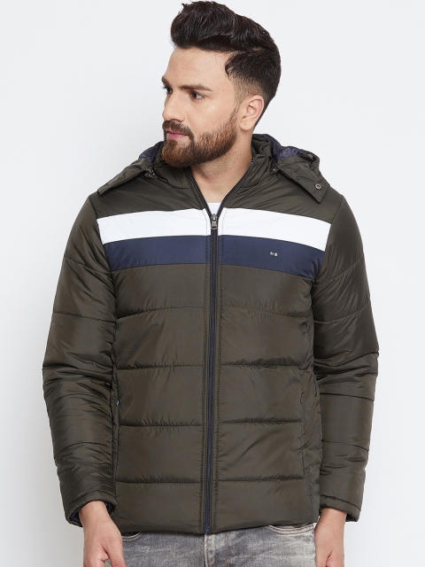 Okane Men Olive Green Striped Puffer Hooded Jacket