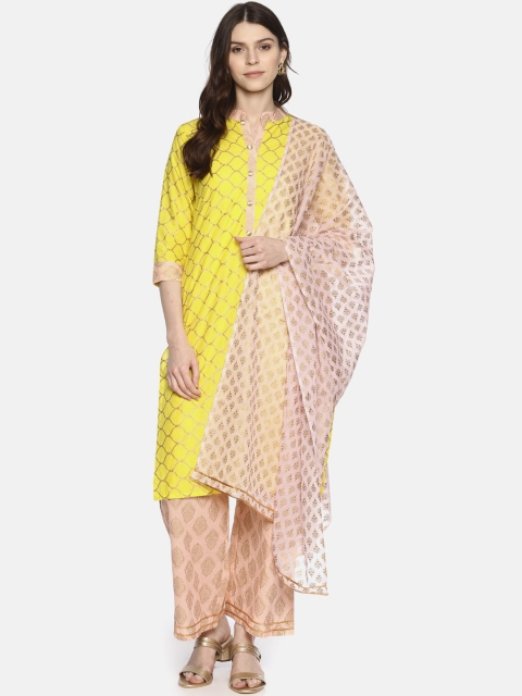 Mytri Women Yellow & Pink Printed Kurta with Palazzos