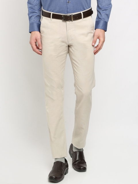 Crocodile Men Beige Slim Fit Solid Formal Trousers