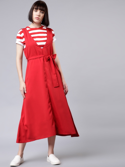 Tokyo Talkies Women Solid Red Pinafore Dress