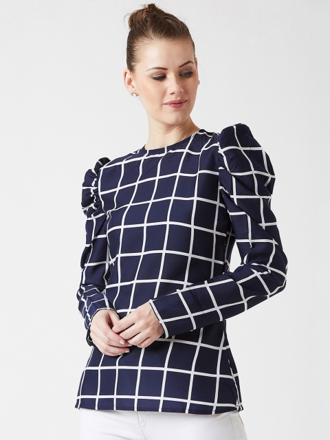 U&F Women Navy Blue & White Checked Top