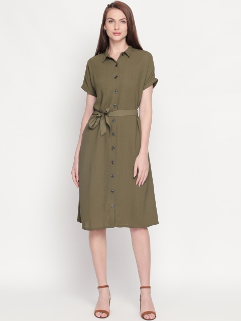 Honey by Pantaloons Women Solid Olive Green Shirt Dress