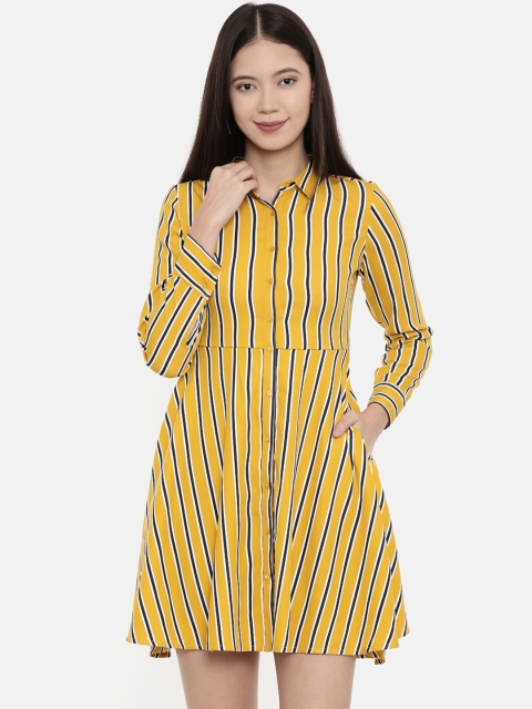 Chumbak Women Yellow Striped Shirt Dress